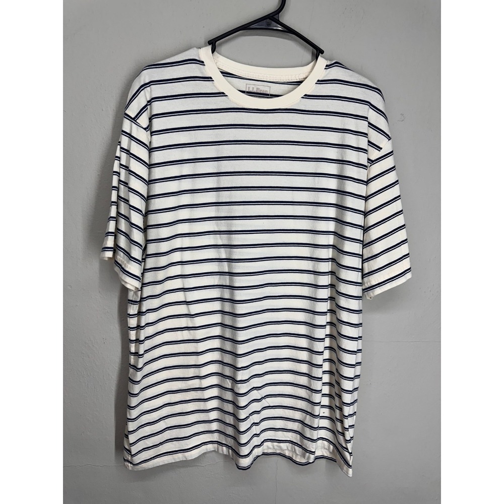 L.L. Bean T-Shirt Mens LARGE White Navy Striped Traditional Fit Short Sleeve Tee